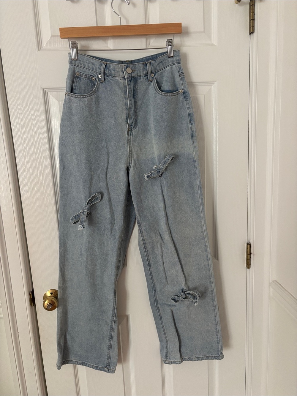 Light Blue High-Rise Straight Tie-Detail Jeans